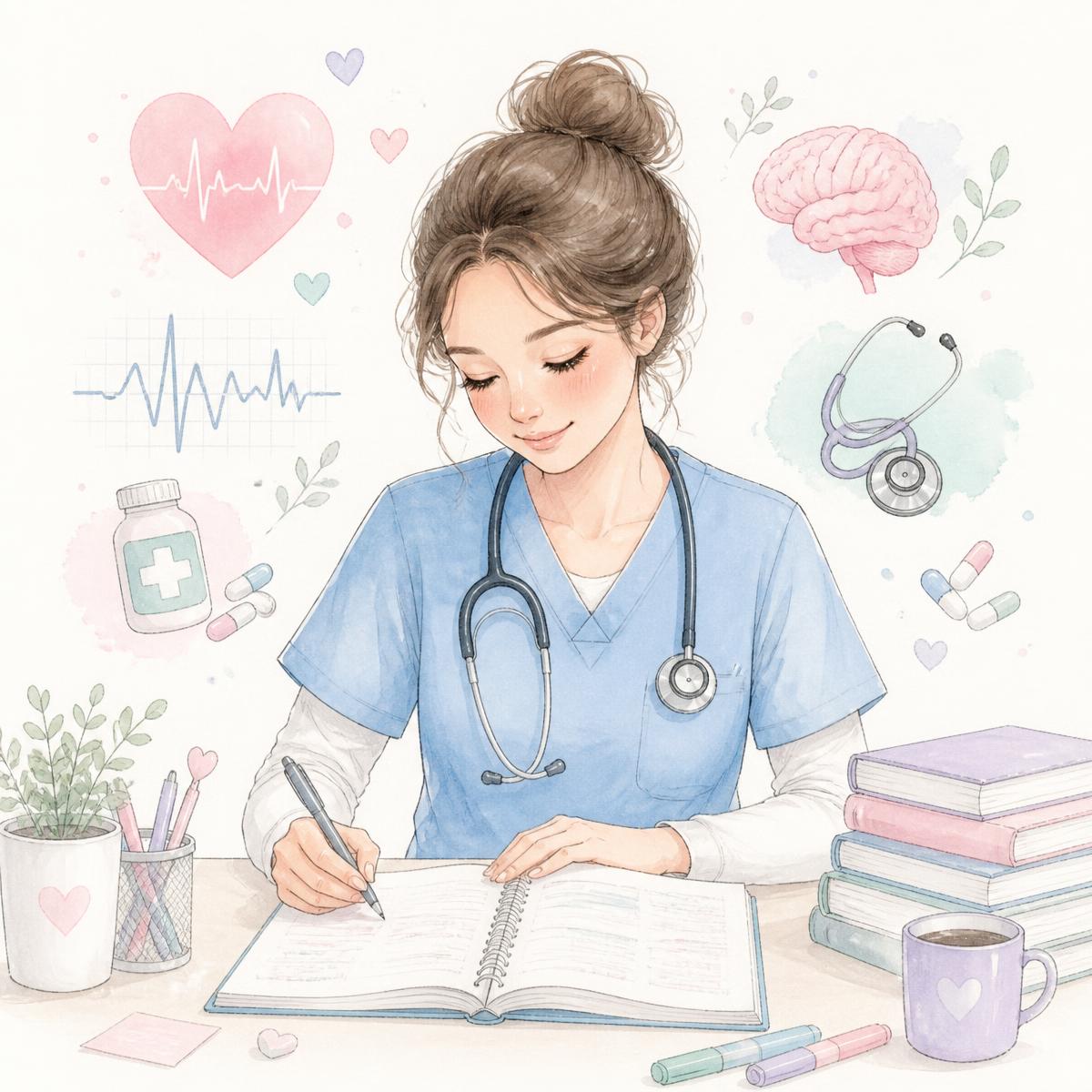 Soft pastel illustration of a nurse studying with a stethoscope, notebook and heartbeat line